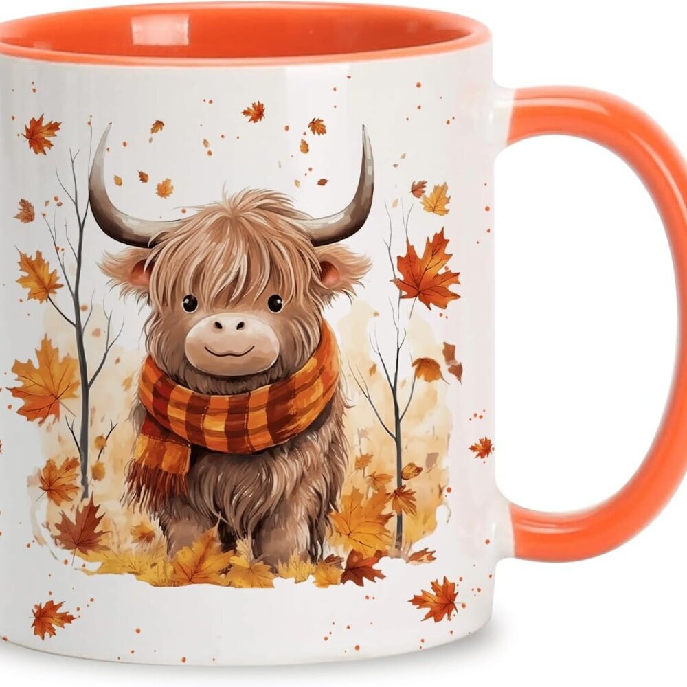 Fall Highland Cow Maple Leaves Coffee Mug - Birthday Gifts For Cow Lovers - Fall